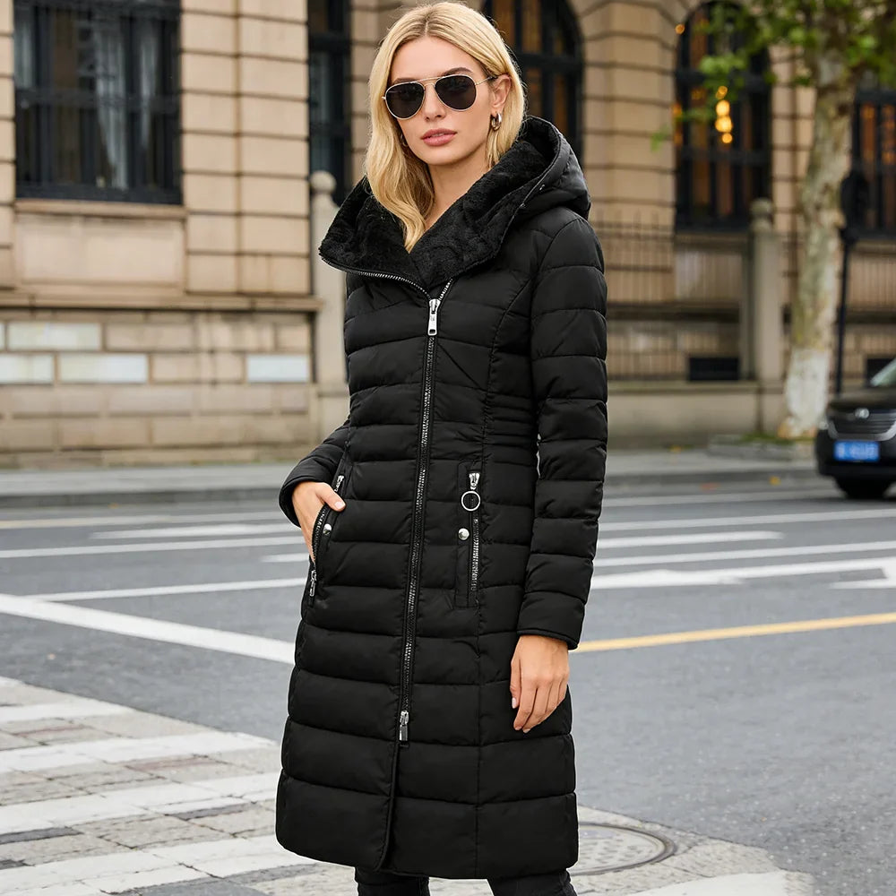 Damen Steppmantel Schwarz mit Kapuze und Reißverschlüssen, warmer Wintermantel