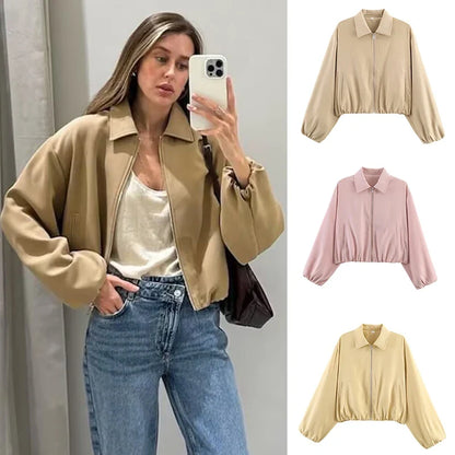 Damen Cropped Jacke Reißverschluss Stehkragen Langarm