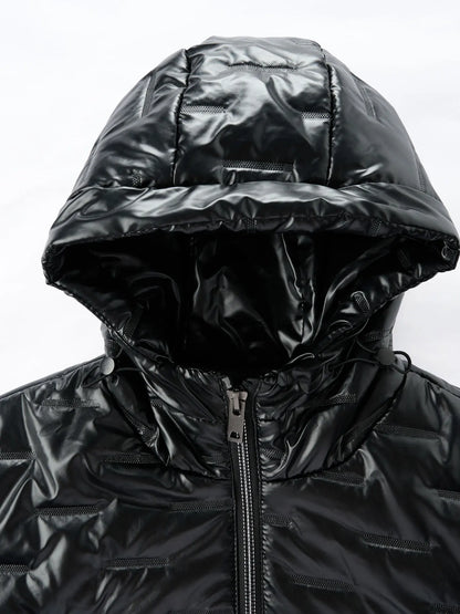 Schwarze glänzende Steppjacke Herren mit Kapuze und Reißverschluss