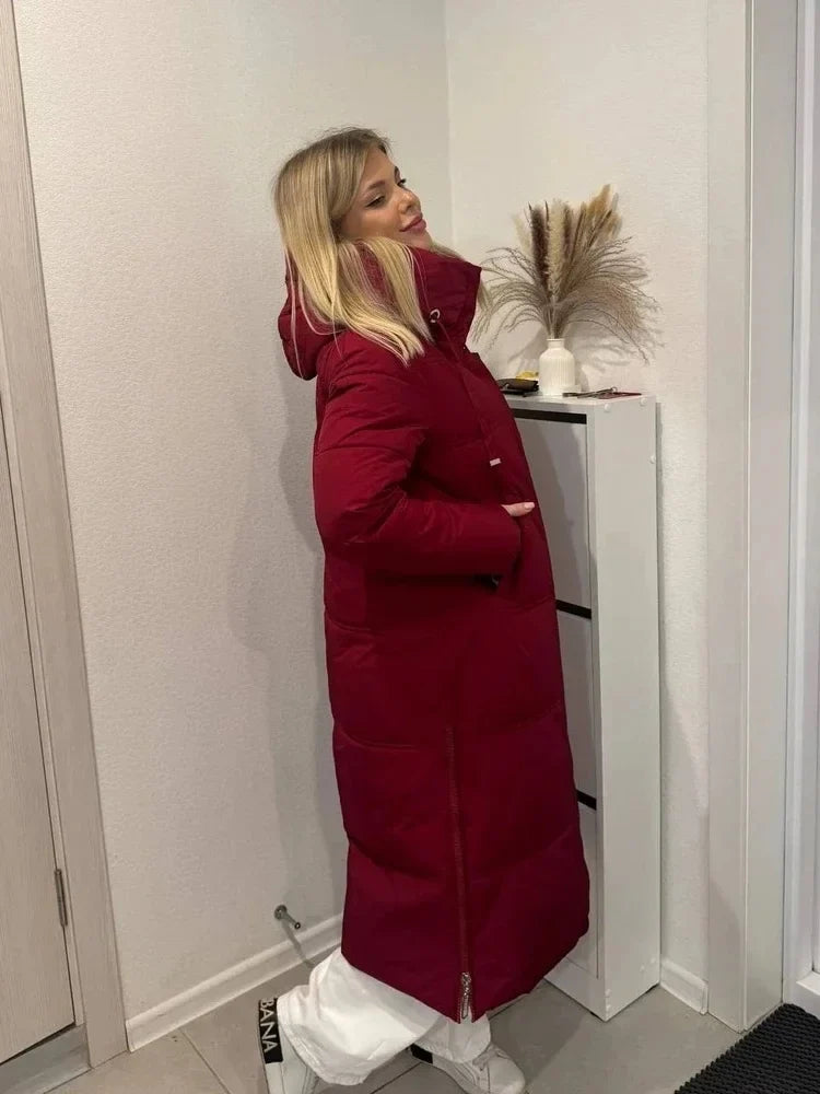Damen Long Puffer Mantel mit Kapuze und Reißverschluss Rot