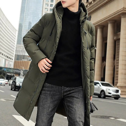 Herren Daunenparka Winterjacke mit Kapuze Stehkragen Lang Schwarz