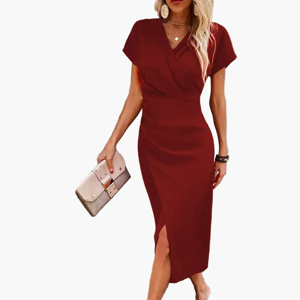 Damen Midikleid Elegant Wickeloptik V-Ausschnitt Business & Freizeit