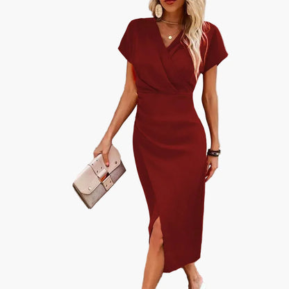 Damen Midikleid Elegant Wickeloptik V-Ausschnitt Business & Freizeit
