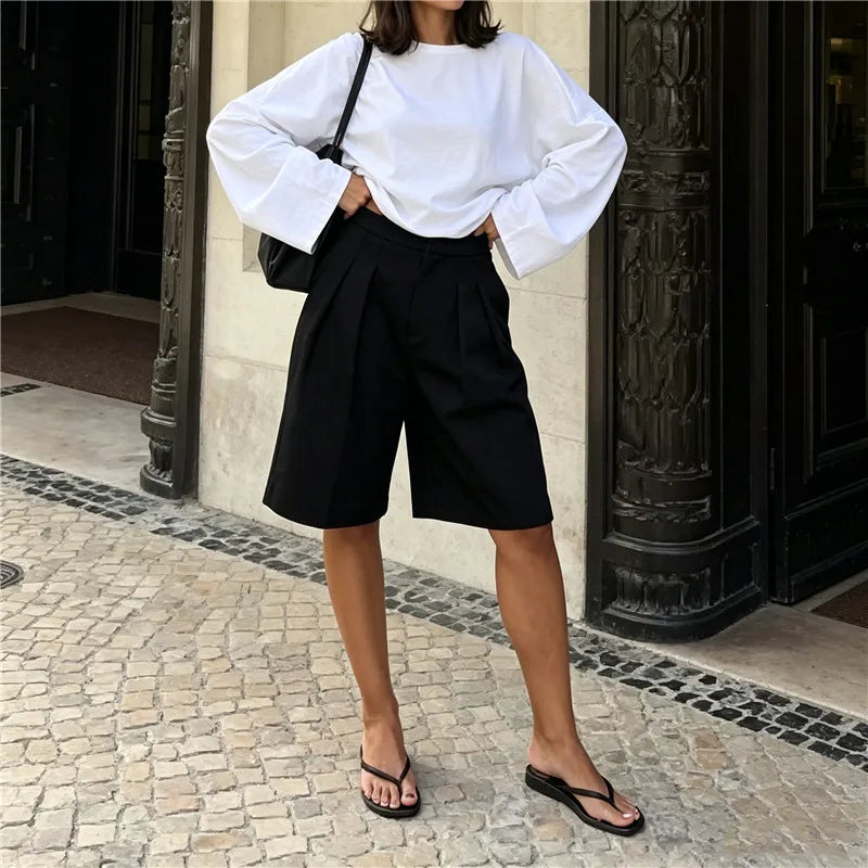 Damen Bermuda Shorts mit Bundfalten und weitem Bein