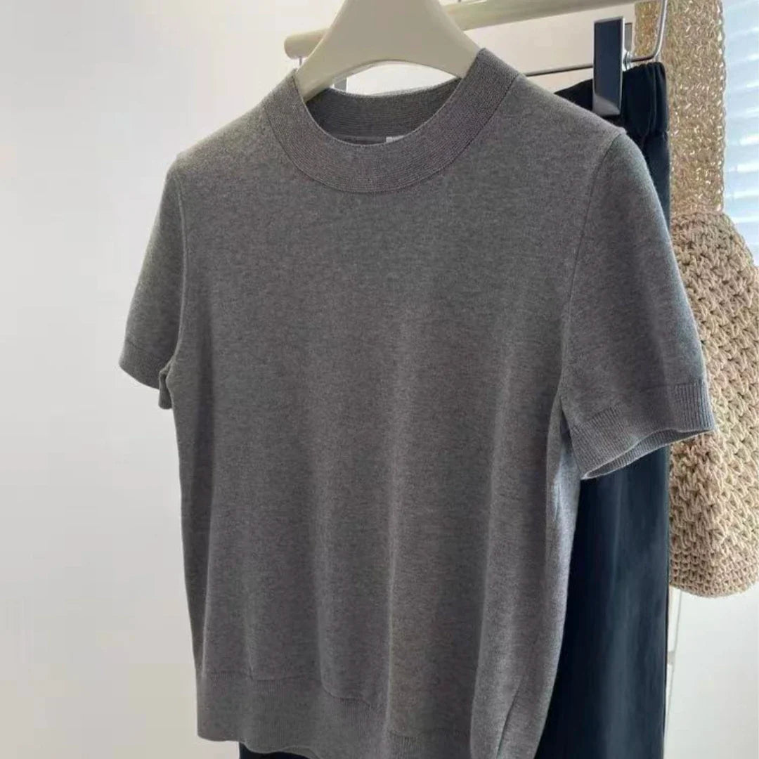 Kurzarm Rundhals Stricktop Damen Gerippter Saum