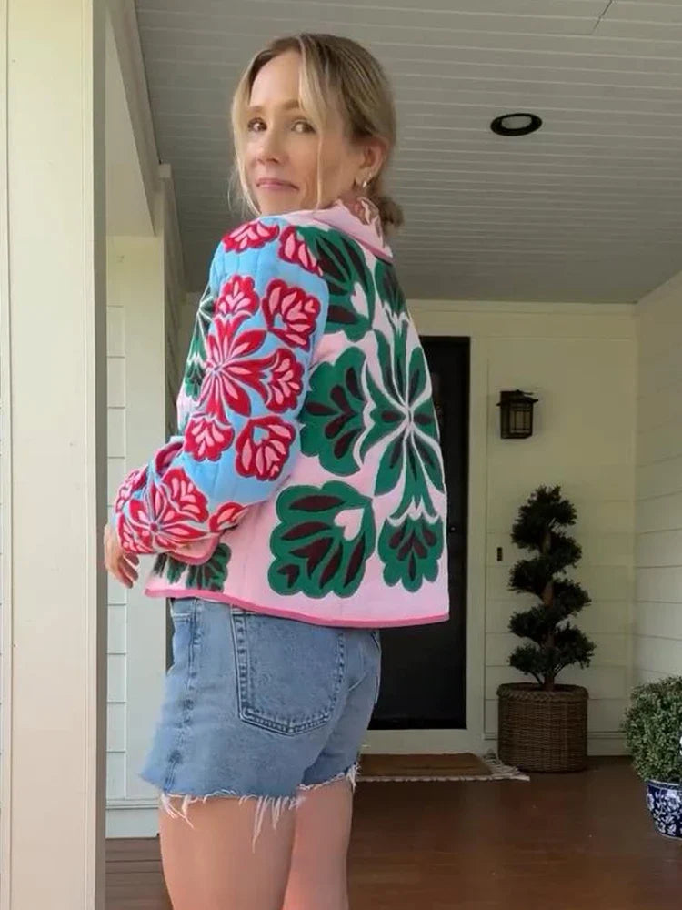 Damen Steppjacke mit Blumenmuster, Bunt