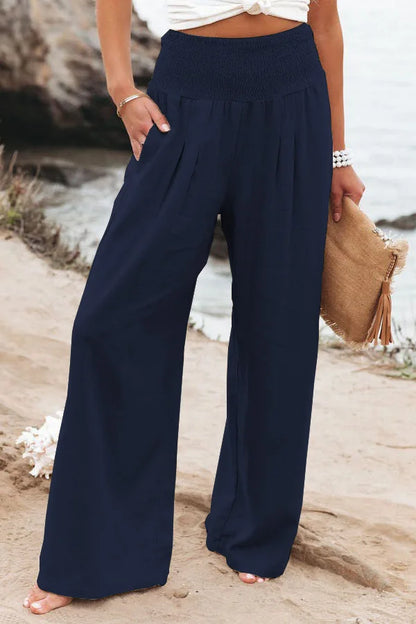 Damen Leinenhose mit weitem Bein und gerafftem Bund, lockere Freizeithose
