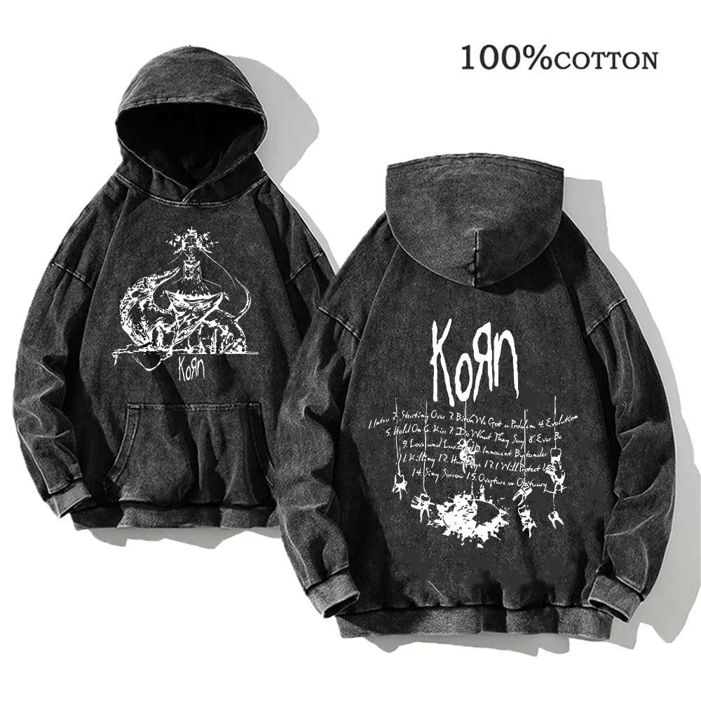 Unisex Kapuzenpullover Grau verwaschen mit Band-Print Vorn & Hinten