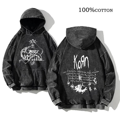 Unisex Kapuzenpullover Grau verwaschen mit Band-Print Vorn & Hinten