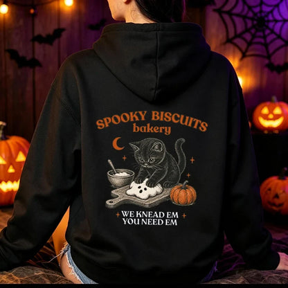 Unisex Hoodie mit „Spooky Biscuits Bakery“ Katze Print und Kängurutasche