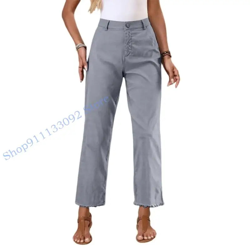 Damen Freizeithose mit hohem Bund und Fransen Saum
