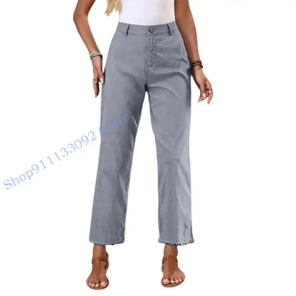 Damen Freizeithose mit hohem Bund und Fransen Saum