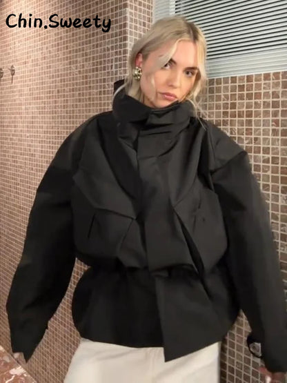 Damen Stehkragen Jacke mit Kordelzug in Schwarz Oversize-Passform