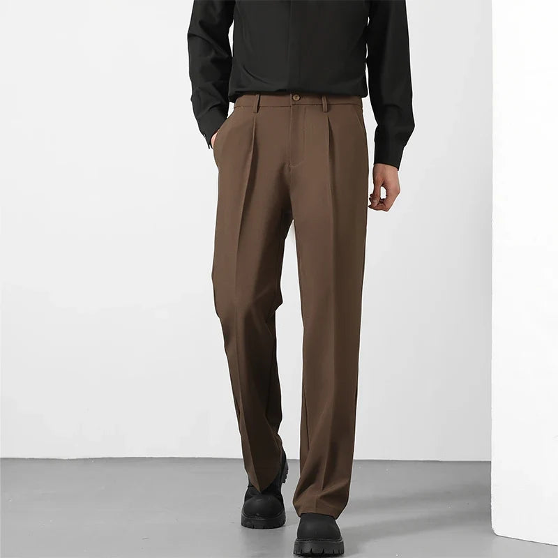 Herren Freizeithose Weites Bein Bundfalten Beige Braun