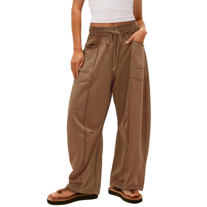 Damen Freizeithose Braun Weites Bein Elastischer Bund Kordelzug