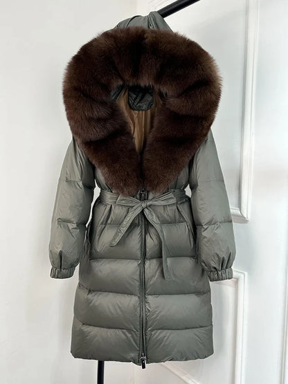 Damen Daunenmantel Schwarz mit Echtfellkragen und Bindegürtel Langer Winterparka