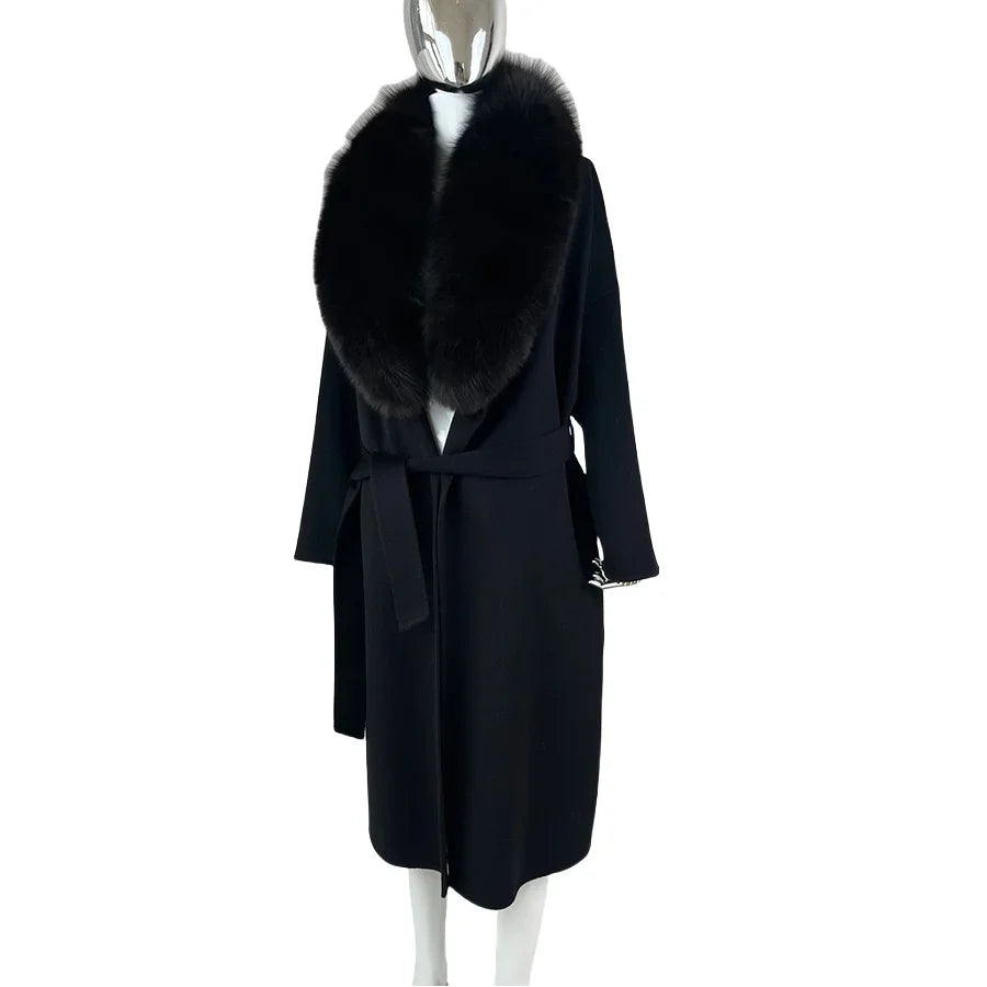 Damen Mantel Schwarz mit Großem Kunstpelz Kragen Bindegürtel Midi-Länge