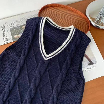 Strick Weste Damen V-Ausschnitt Zopfmuster College-Stil Ärmelloser Pullover