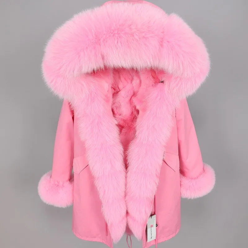 Damen Winterparka mit Kapuze & Pelzimitat-Futter in Rosa