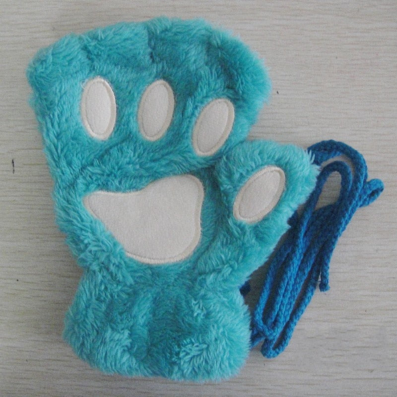 Fingerlose Plüschhandschuhe mit Pfotenmotiv und Kordel Rosa