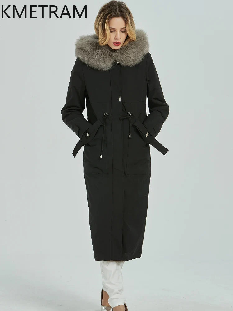 Damen Winterparka lang Schwarz mit Kapuze und Kunstfellbesatz