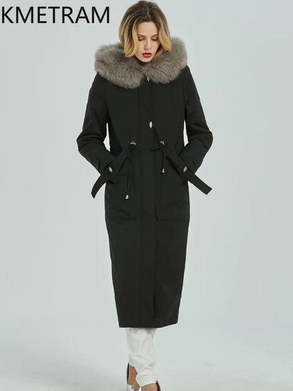 Damen Winterparka lang Schwarz mit Kapuze und Kunstfellbesatz