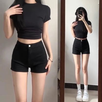 Damen High Waist Shorts Schwarz mit Knopfverschluss
