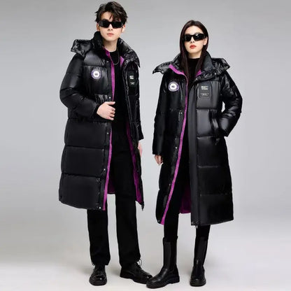 Unisex Langer Steppmantel Schwarz mit Kapuze und Reißverschluss, Wintermantel für Damen & Herren