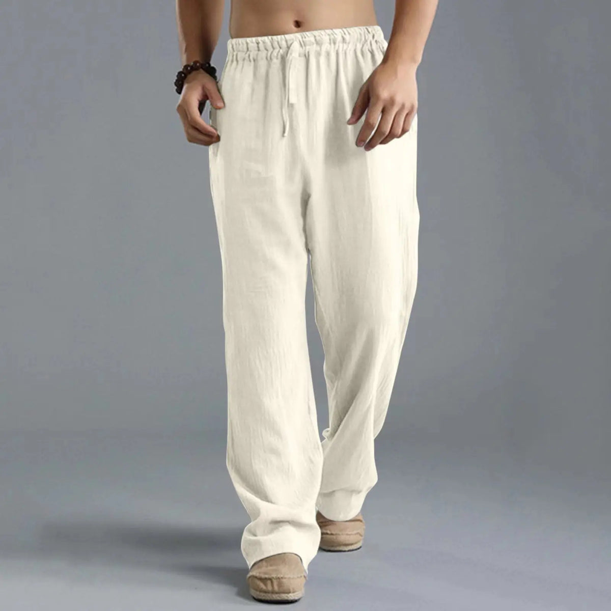 Unisex Leinenhose Weites Bein Beige Elastischer Bund