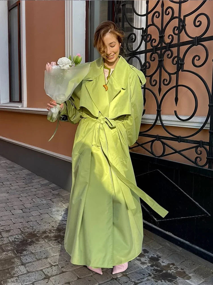 Damen Trenchcoat Lang Übergangsjacke Mantel mit Gürtel