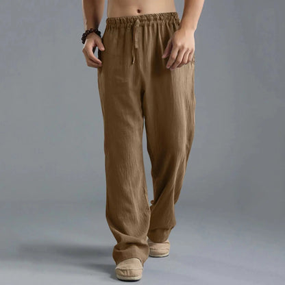 Unisex Leinenhose Weites Bein Beige Elastischer Bund