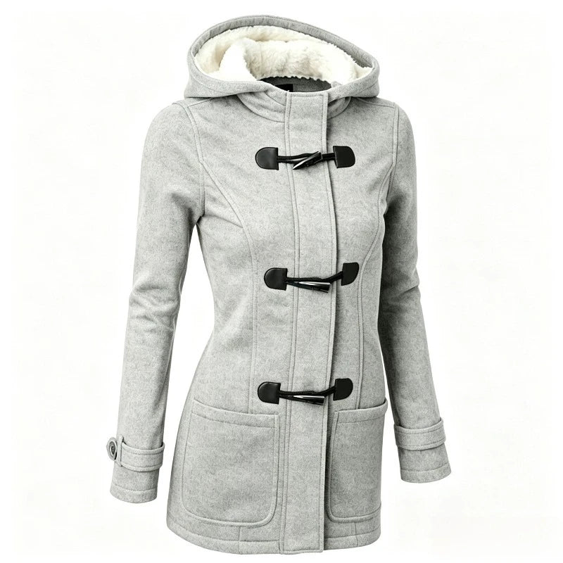 Damen Dufflecoat mit Kapuze und Knebelknöpfen - Warmer Wintermantel mit Teddyfutter