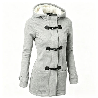 Damen Dufflecoat mit Kapuze und Knebelknöpfen - Warmer Wintermantel mit Teddyfutter