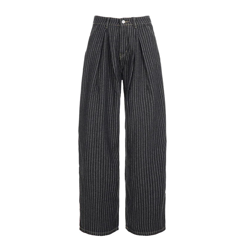 Damen Baggy Hose gestreift Schwarz weites Bein lockere Passform
