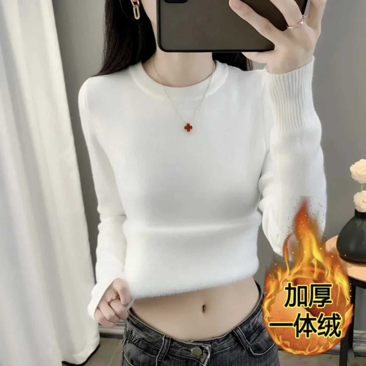 Damen Langarmshirt Rundhals mit weichem Innenfutter, schmal geschnitten