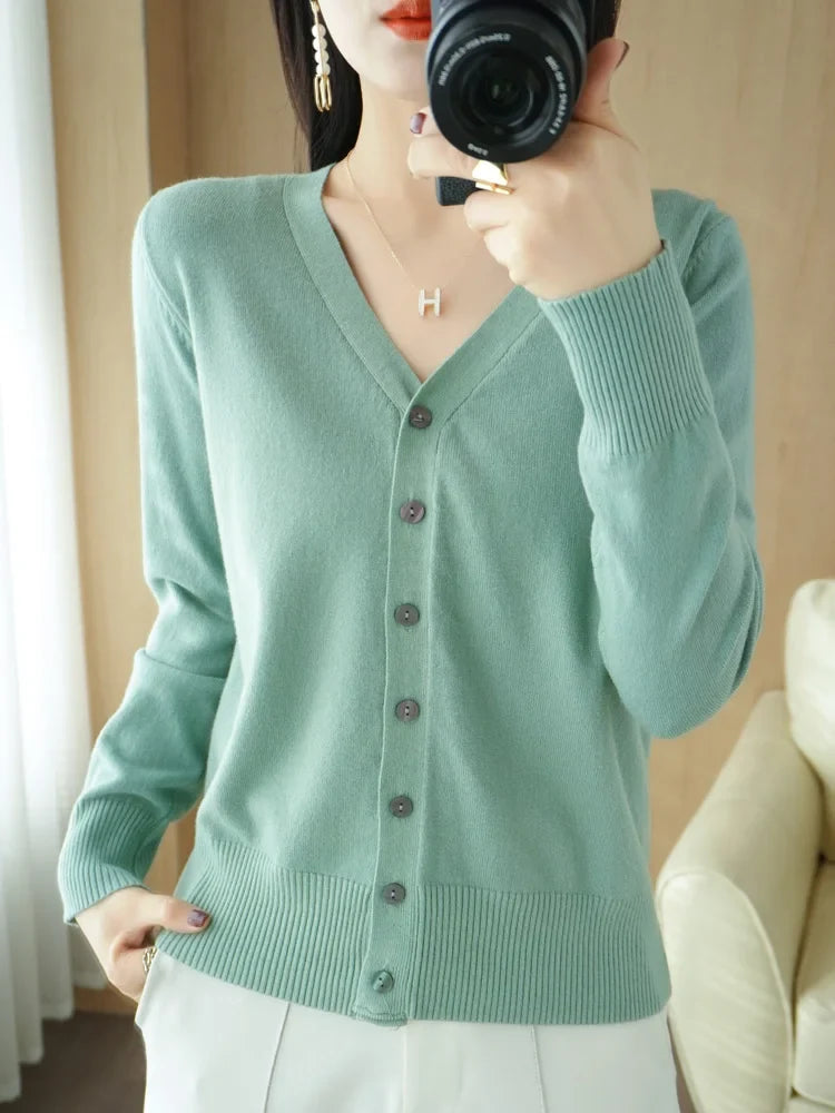 Damen Cardigan V-Ausschnitt Langarm Strickjacke mit Knöpfen