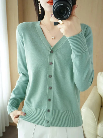 Damen Cardigan V-Ausschnitt Langarm Strickjacke mit Knöpfen