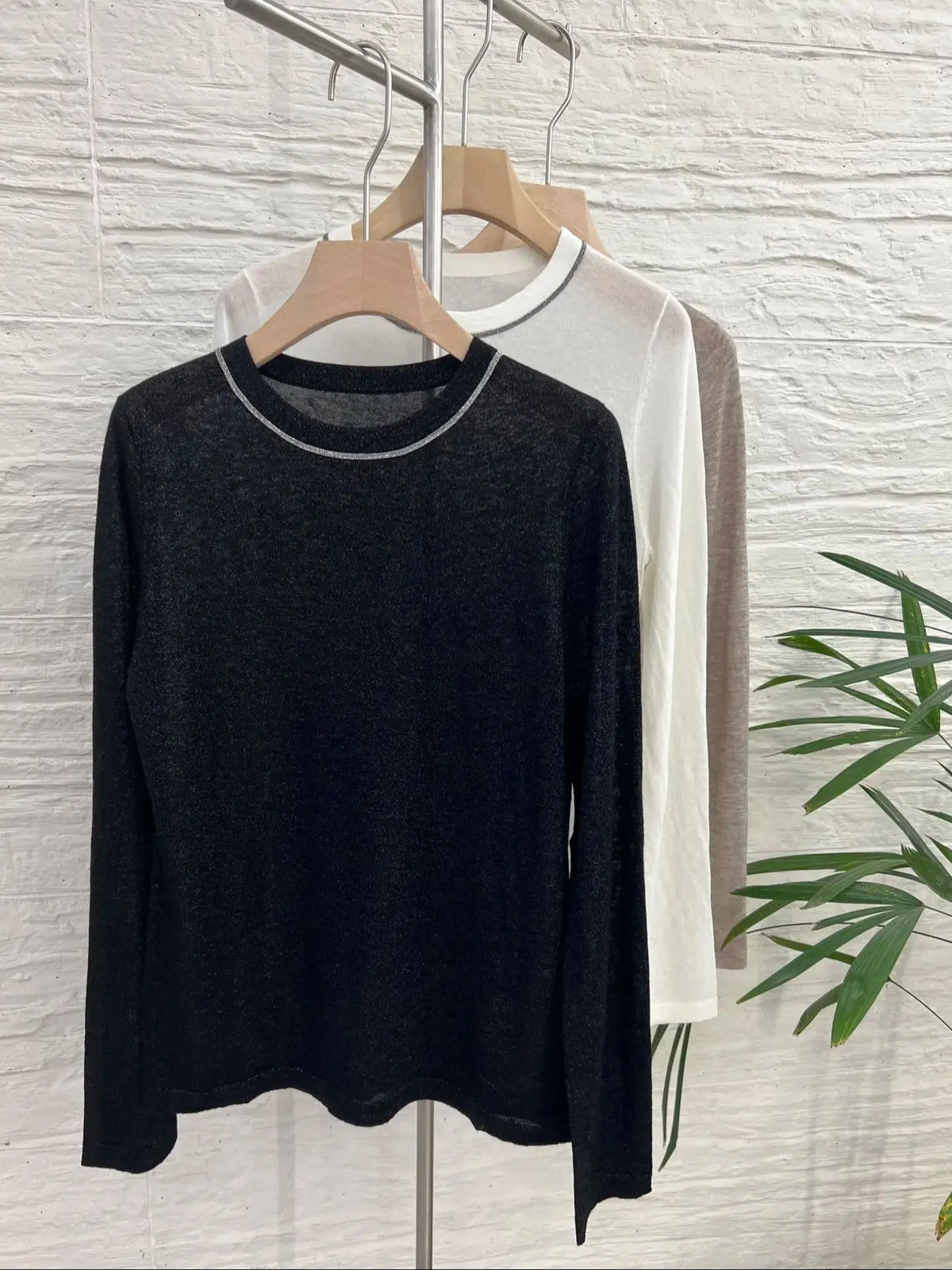 Langarmshirt Damen Rundhals Feinstrickshirt mit Kontrastdetails