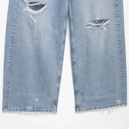 Damen Jeans Wide Leg Hellblau Used-Look mit Rissen High Waist