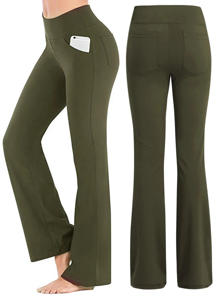 Damen Bootcut Hose mit hohem Bund und Taschen für Sport & Freizeit