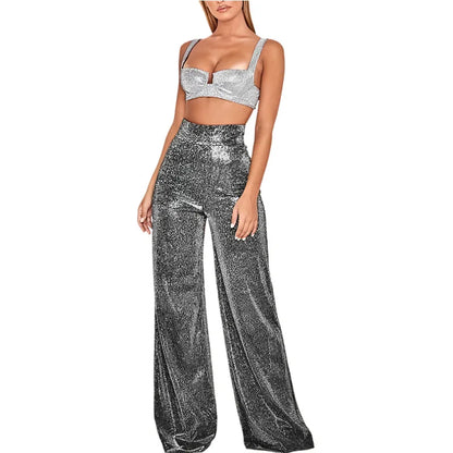 Damen Glitzer Zweiteiler Crop Top und Weite Hose Set Hochglanz Party Outfit