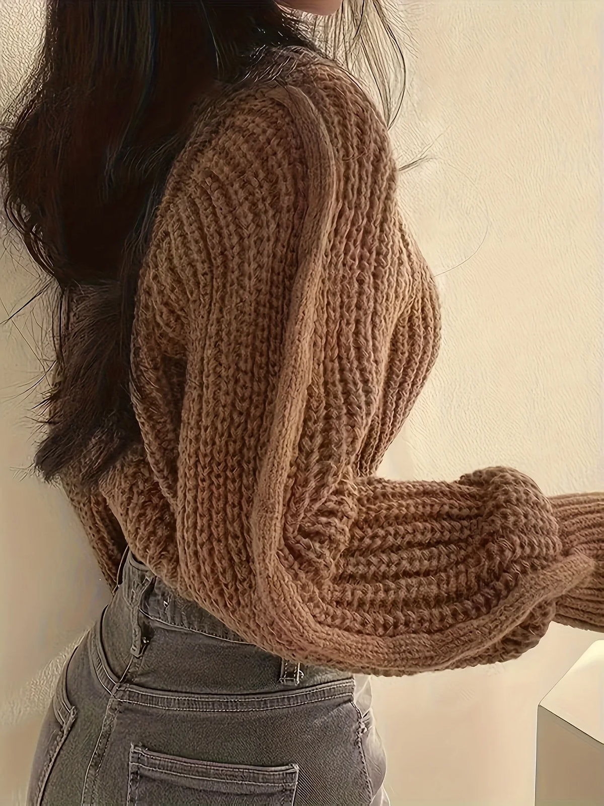Damen Grobstrick Pullover Cropped Rundhals Lange Ärmel Braun