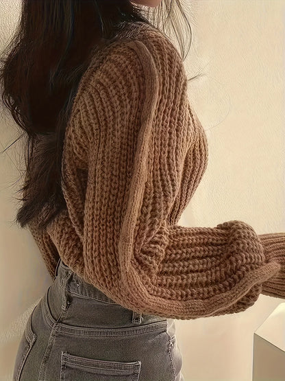 Damen Grobstrick Pullover Cropped Rundhals Lange Ärmel Braun