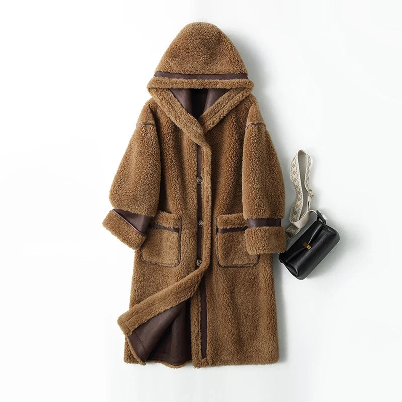 Damen Teddy Mantel mit Kapuze, Lang, Braun