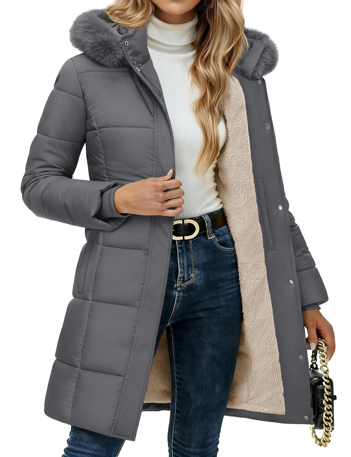 Damen Winterparka gesteppt mit Kunstfellkapuze und Teddyfutter