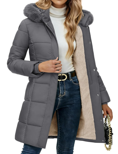 Damen Winterparka gesteppt mit Kunstfellkapuze und Teddyfutter