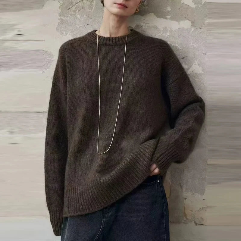 Damen Oversize Strickpullover Rundhals Langarm Rippbündchen