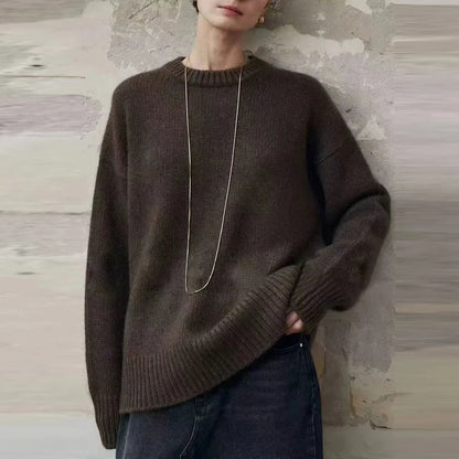 Damen Oversize Strickpullover Rundhals Langarm Rippbündchen