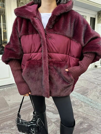 Damen Kurzmantel Plüsch-Look Gesteppt mit Kapuze und langen Ärmeln