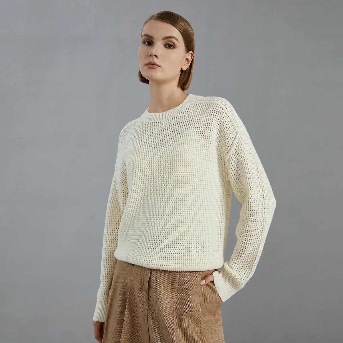 Damen Grobstrick Pullover Rundhals Langarm Weiß